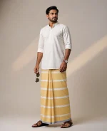 প্রিমিয়াম কাঁচা-হলুদ ও সাদা ডোরাকাটা লুঙ্গি - Image 5