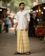 প্রিমিয়াম কাঁচা-হলুদ ও সাদা ডোরাকাটা লুঙ্গি - Image 4