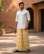প্রিমিয়াম কাঁচা-হলুদ ও সাদা ডোরাকাটা লুঙ্গি - Image 3