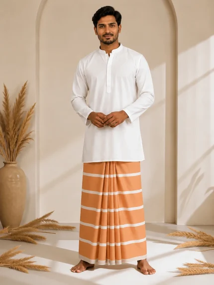 প্রিমিয়াম হালকা কমলা ও সাদা ডোরাকাটা লুঙ্গি