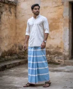 প্রিমিয়াম আকাশী-নীল ও সাদা ডোরাকাটা লুঙ্গি - Image 5