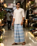 প্রিমিয়াম আকাশী-নীল ও সাদা ডোরাকাটা লুঙ্গি - Image 3